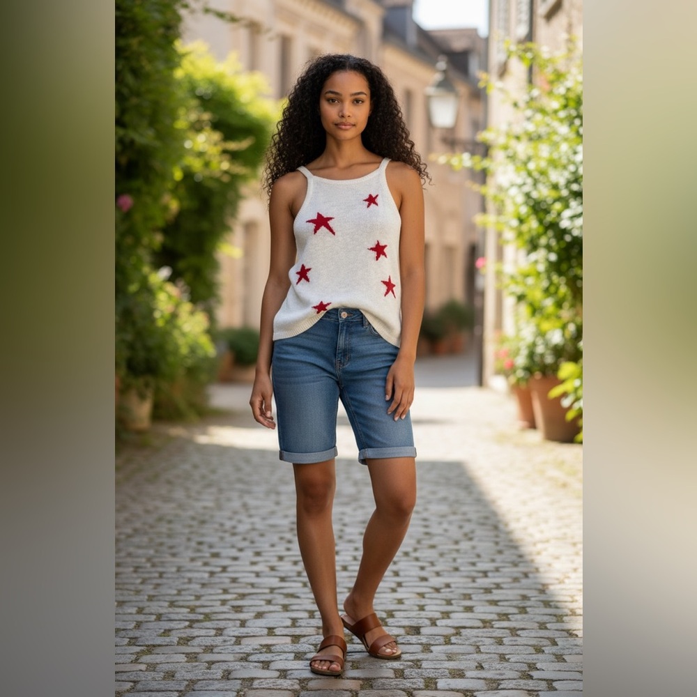 Freshman 1996 White Sweater Tank Red Star Print Criss Cross Back Women’s Small